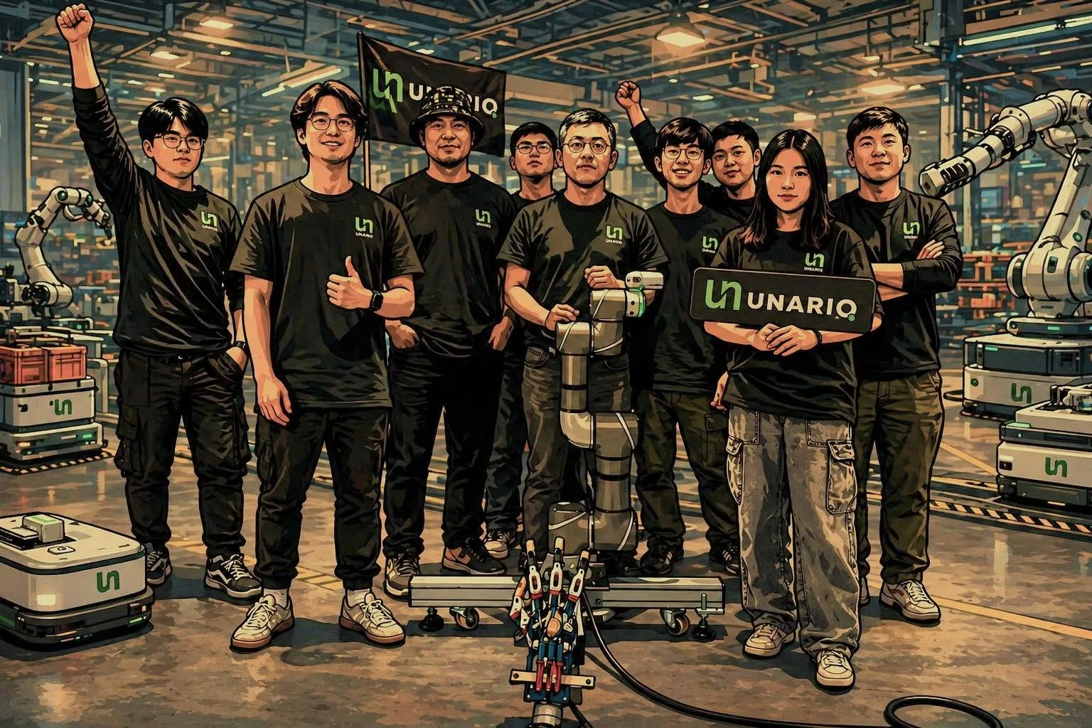 優那科創團隊成員於工業自動化場域合影,背景為機器人手臂與 AGV
