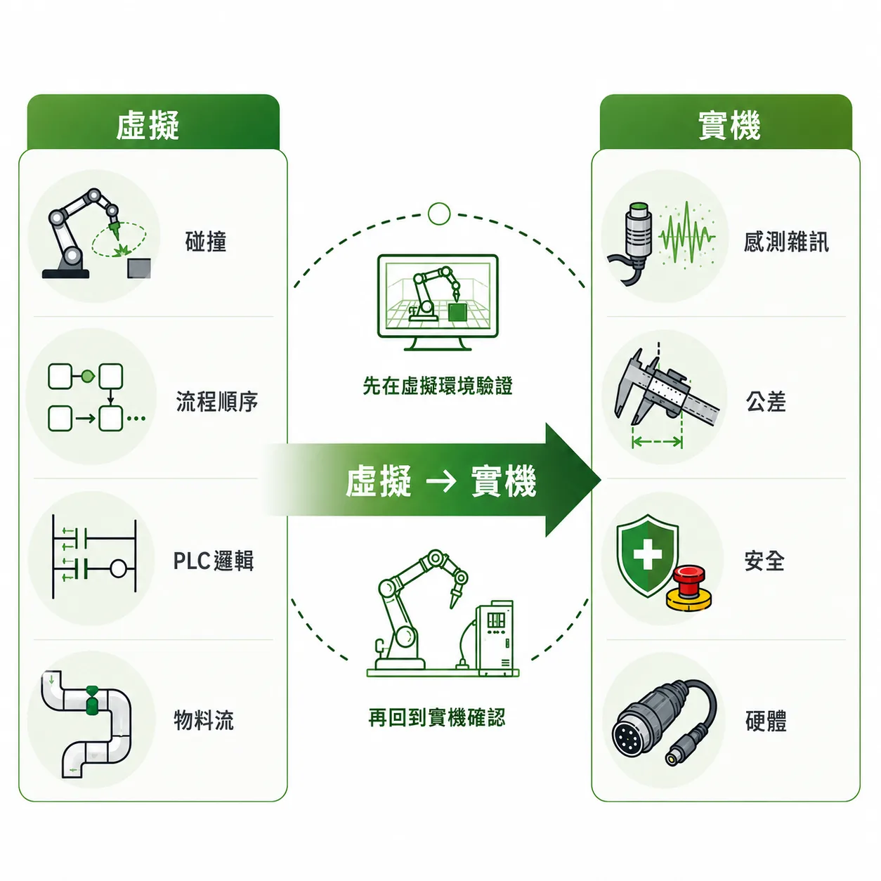 虛擬調機與實機驗證的互補關係示意圖:虛擬端驗證碰撞、流程順序、PLC 邏輯與物料流,實機端確認感測雜訊、公差、安全與硬體,中間為虛擬到實機的箭頭