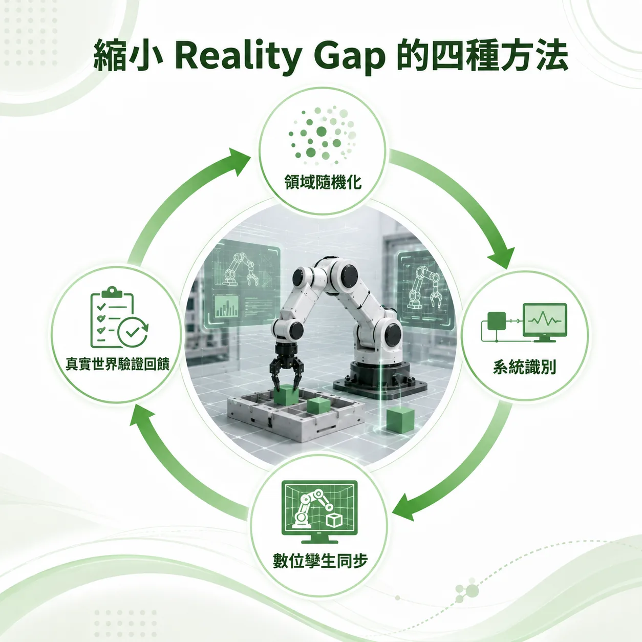 Sim2Real 縮小 Reality Gap 的四種方法示意圖：領域隨機化、系統識別、數位孿生同步與真實世界驗證回饋四個節點，環繞中央的機械手臂模擬畫面形成循環