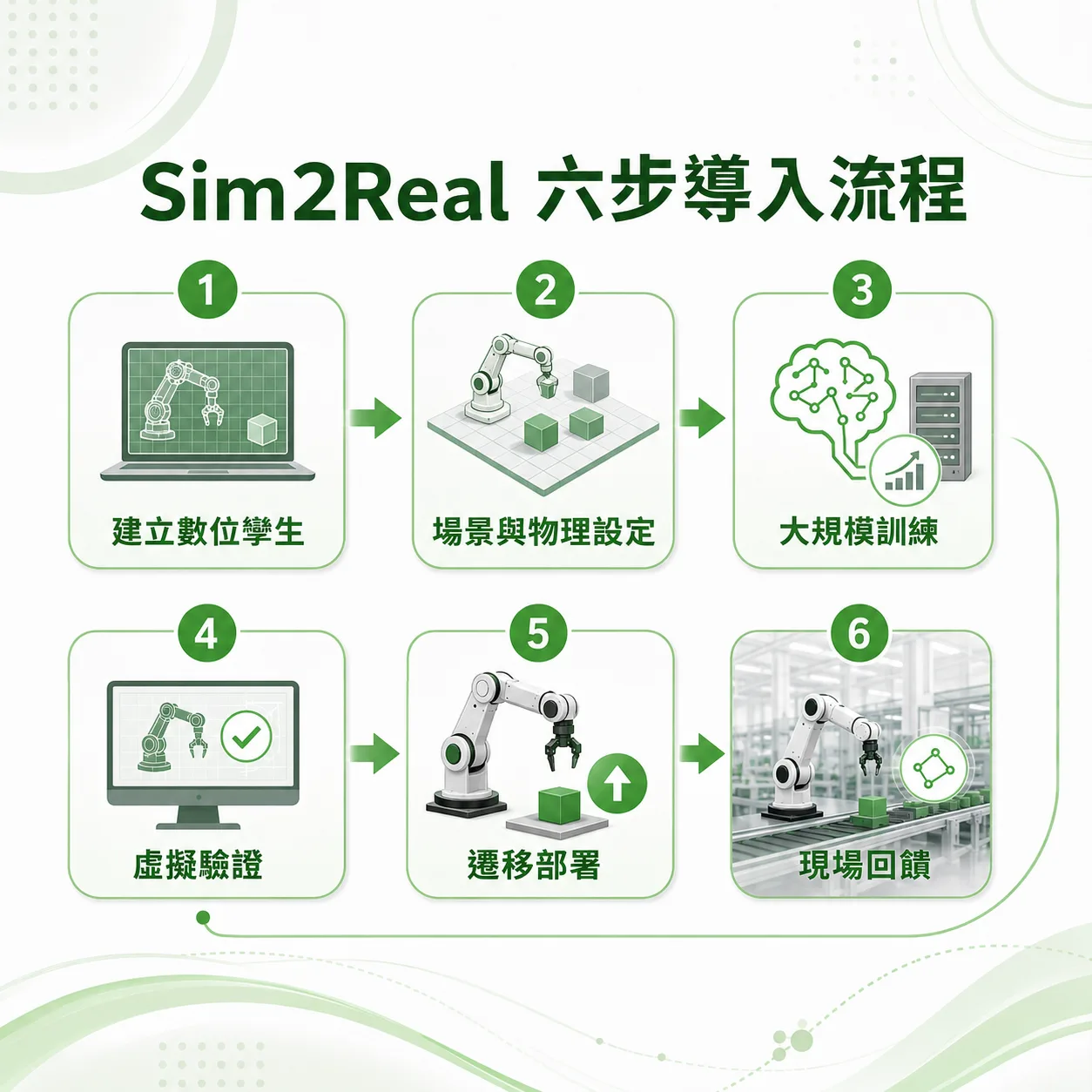 Sim2Real 六步導入流程圖：建立數位孿生、場景與物理設定、大規模訓練、虛擬驗證、遷移部署、現場回饋依序編號連接，並由現場回饋繞回第一步形成循環
