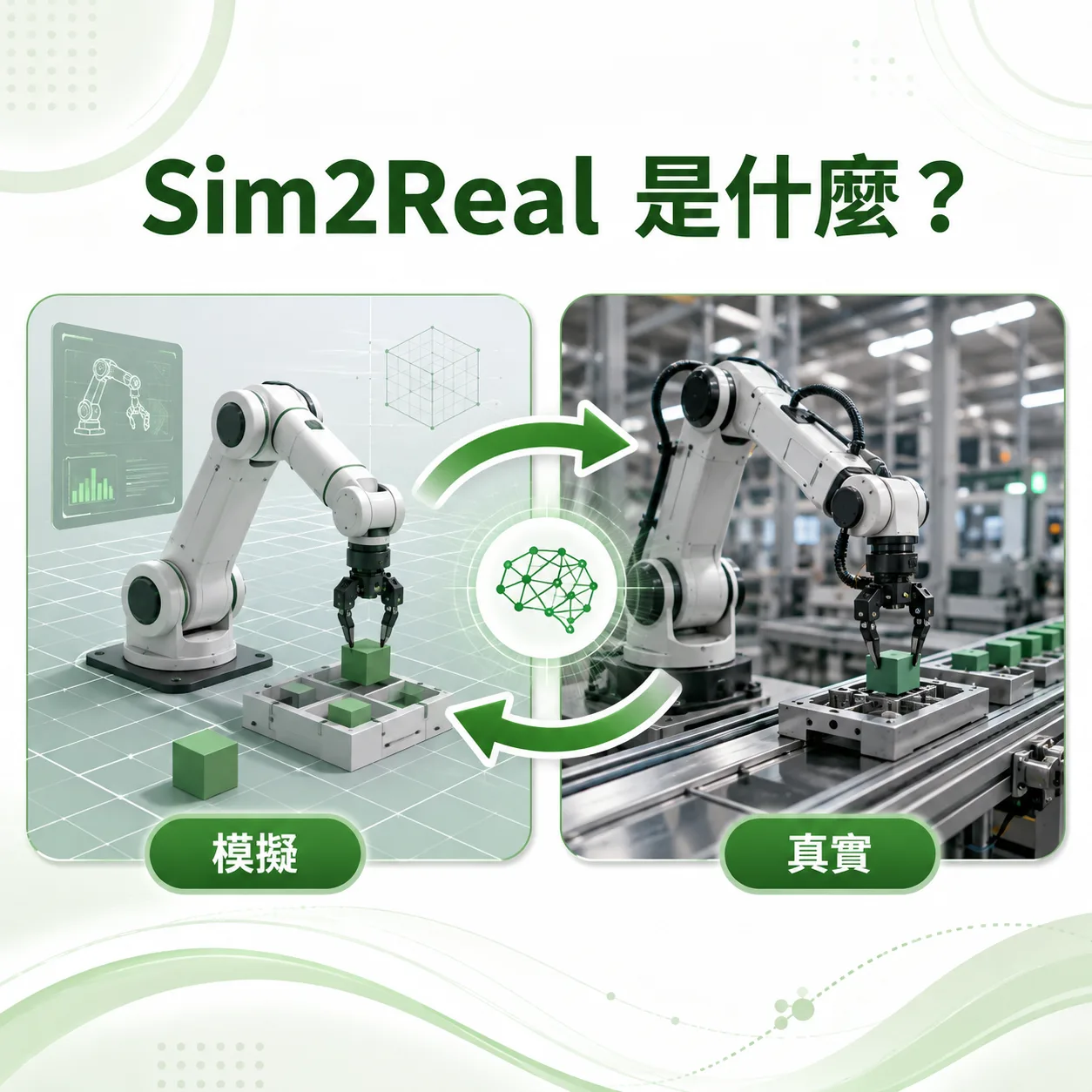 Sim2Real 是什麼示意圖，左側「模擬」為虛擬環境中的機械手臂在網格場景抓取方塊，右側「真實」為產線上的實體機械手臂執行同一動作，中間以雙向循環箭頭標示模擬到真實的策略遷移與現場資料回饋
